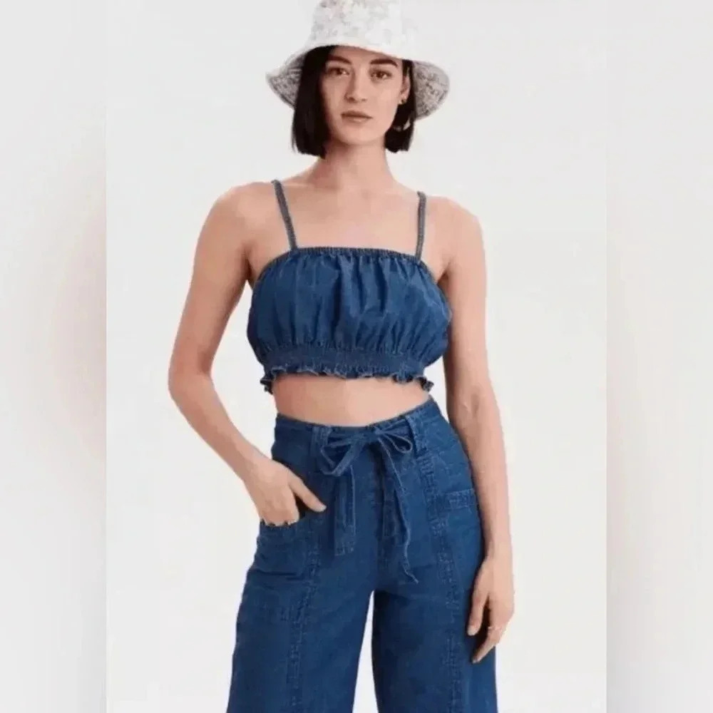 American Eagle Outfitters Blue Denim Chambray Ruffle Crop Top - Sz XL - NWT